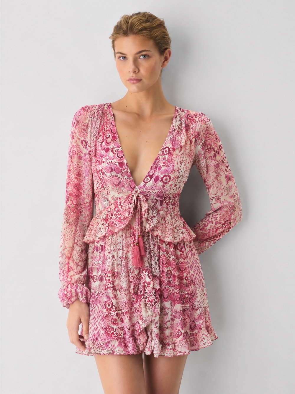 Zara Patchwork Print Mini Dress XS NWT Pink Boho Floral Ruffle Tassel V-Neck